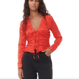 GANNI - Red Crinkled Satin V-Neck Shirt - Size 36/ 4